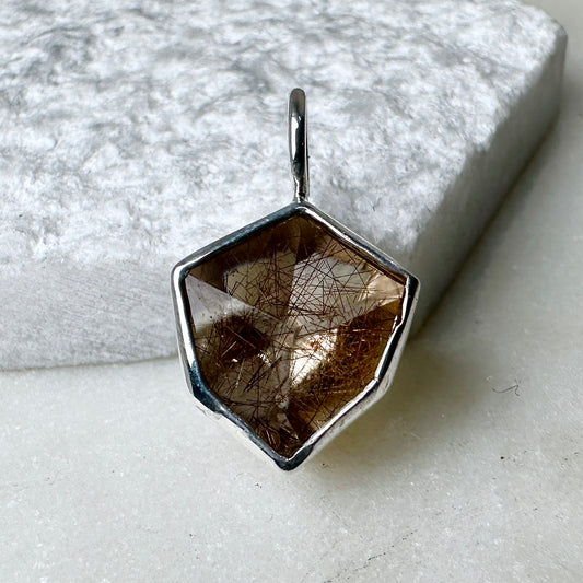 Geometric Rutile Quartz Charm Pendant | Sterling Silver