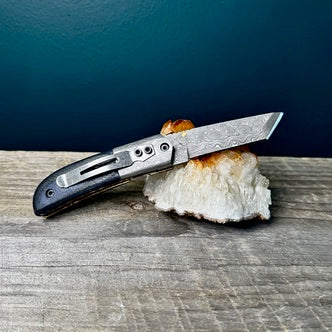 Damascus Steel Pocket Knife with Navy Blue Micarta Handle