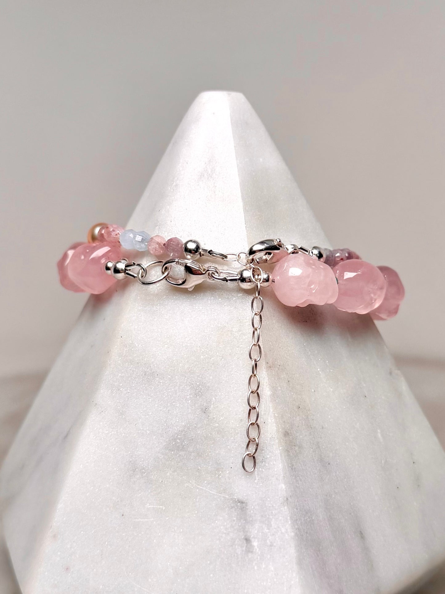 Rose Quartz Skull Gemstone Bracelet | Sterling Silver