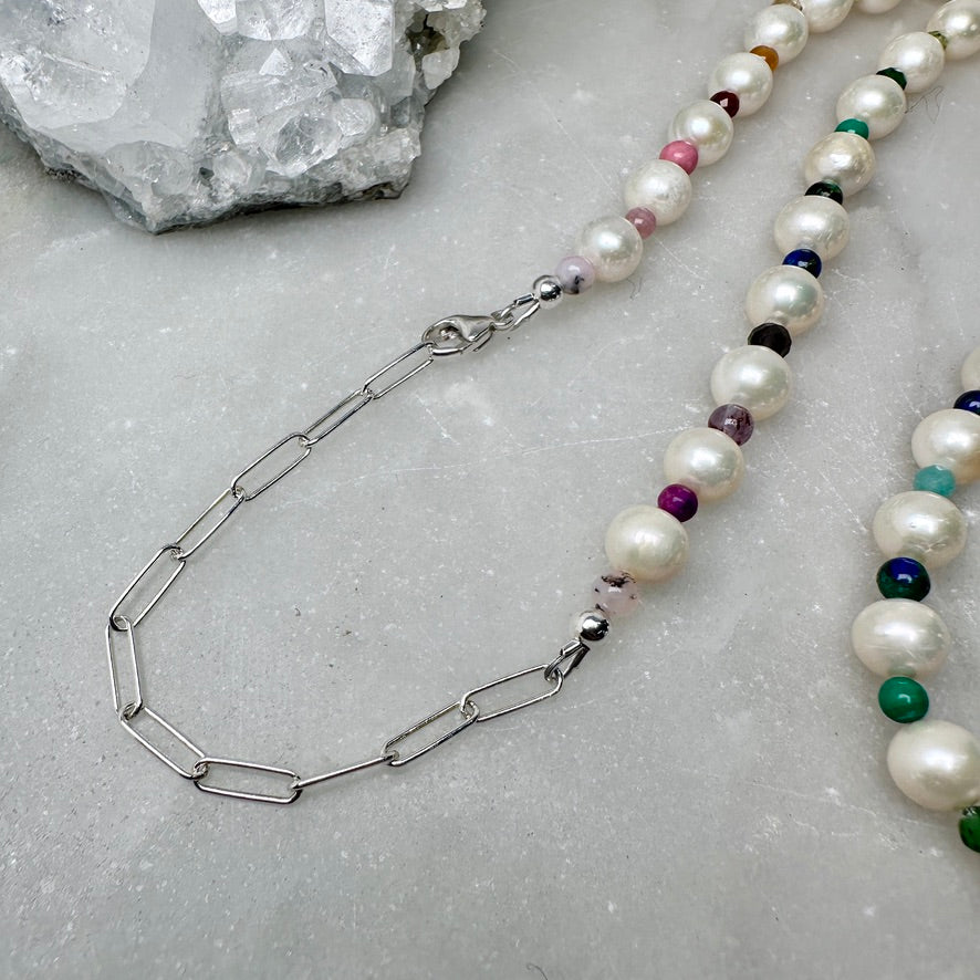 Rainbow Gemstone & White Pearl Necklace | Sterling Silver