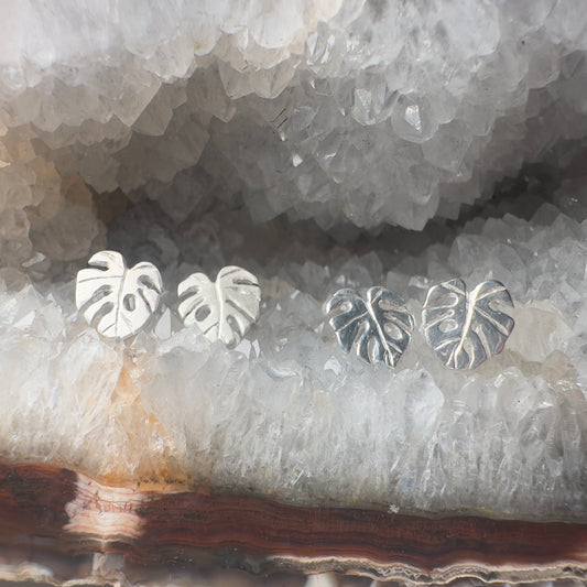 Small Monstera Stud Earrings in Silver