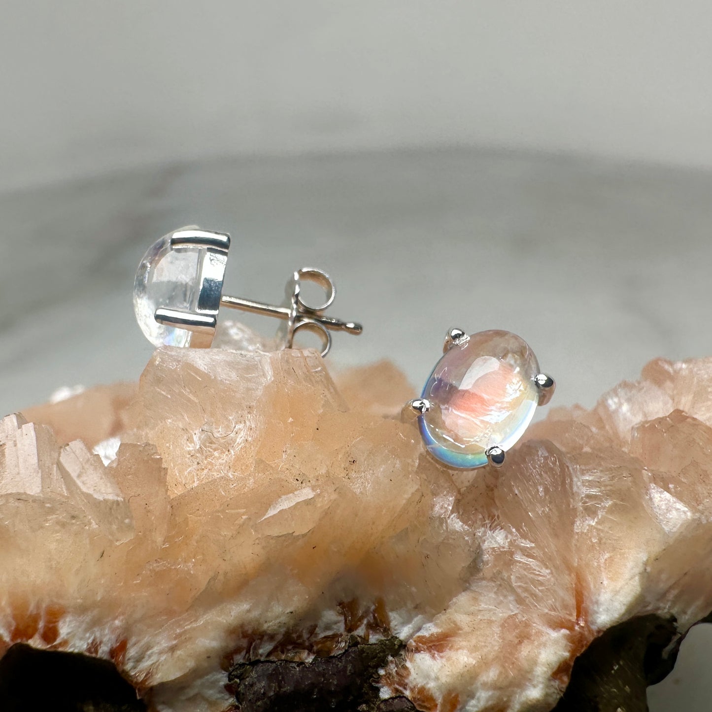 Rainbow Moonstone Oval Stud Earrings | Sterling Silver