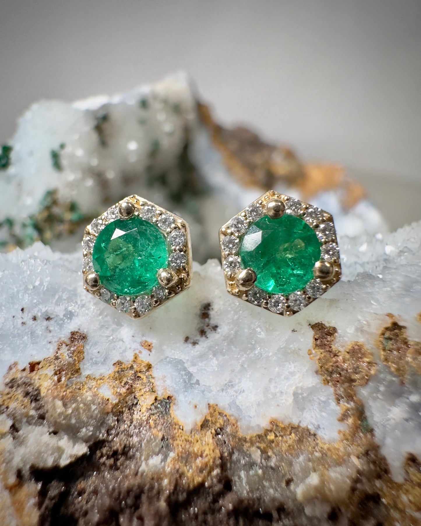 Emerald & Diamond Halo Hexagon Stud Earrings | 14k Yellow Gold