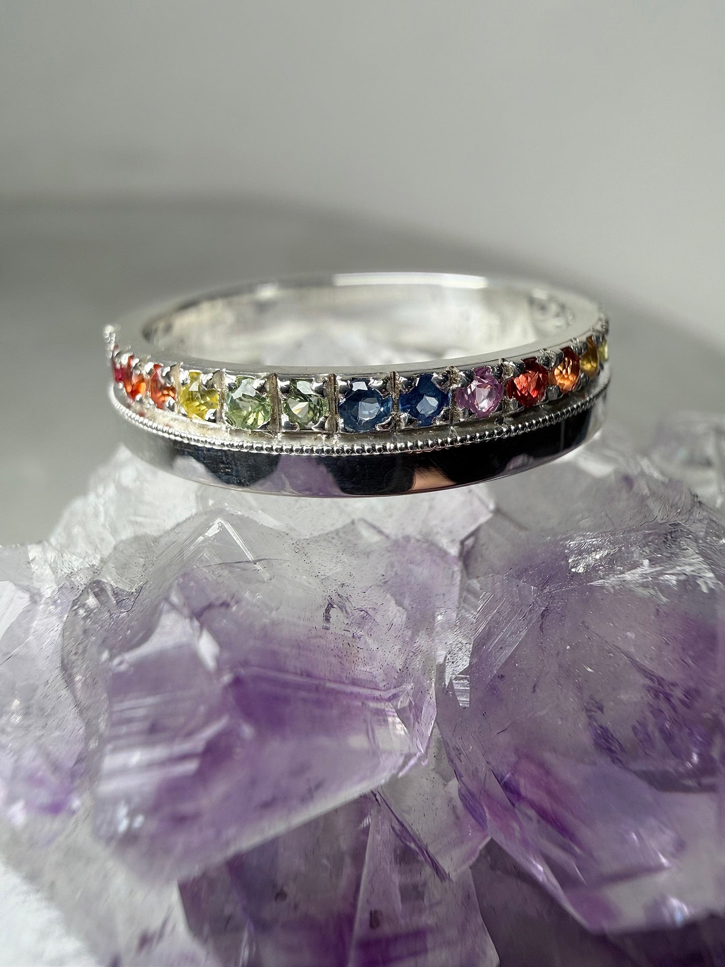 Rainbow Sapphire Flat Band Ring | Sterling Silver