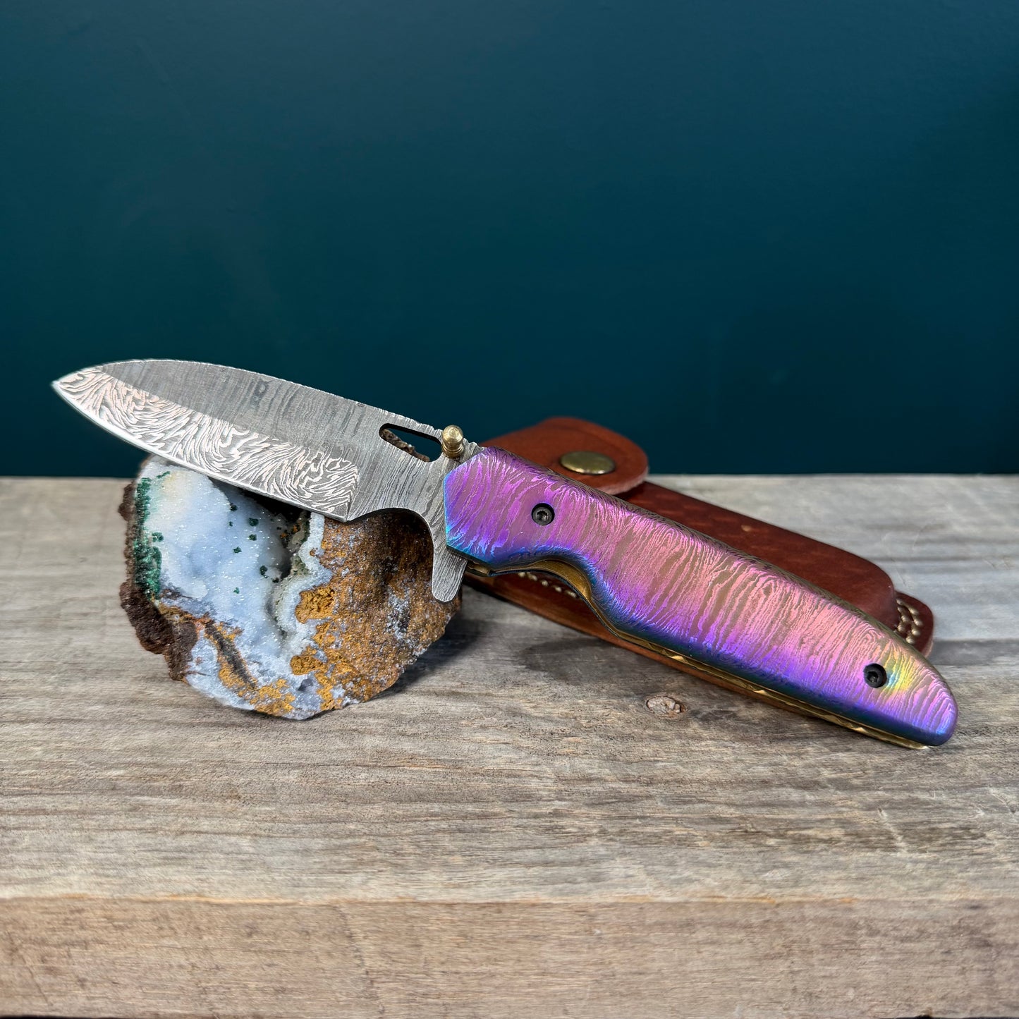 Full Damascus Steel Utility Knife with Anodized Rainbow Handle
