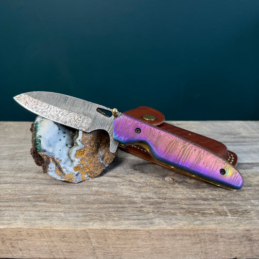 Full Damascus Steel Utility Knife with Anodized Rainbow Handle