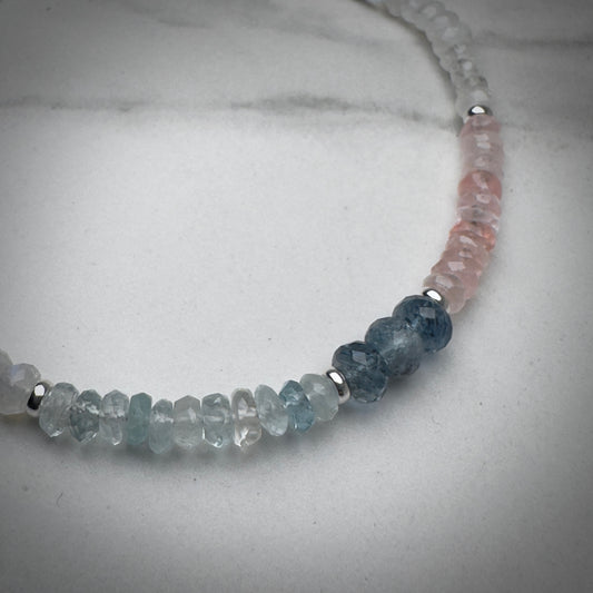 Aquamarine, Moonstone and Morganite Beaded Bracelet | Sterling Silver | Adjustable