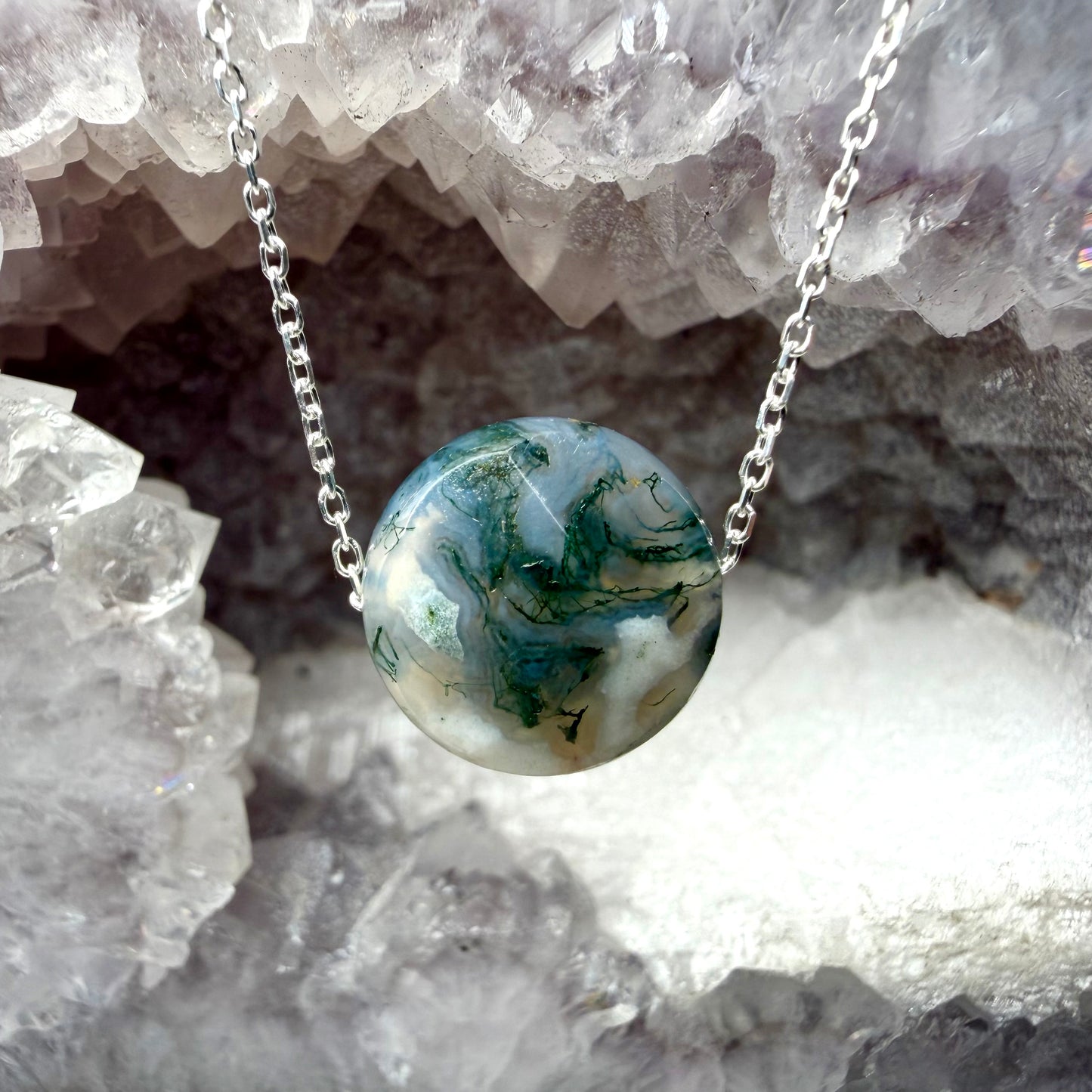 Faceted Moss Agate Floating Necklace | Sterling Silver