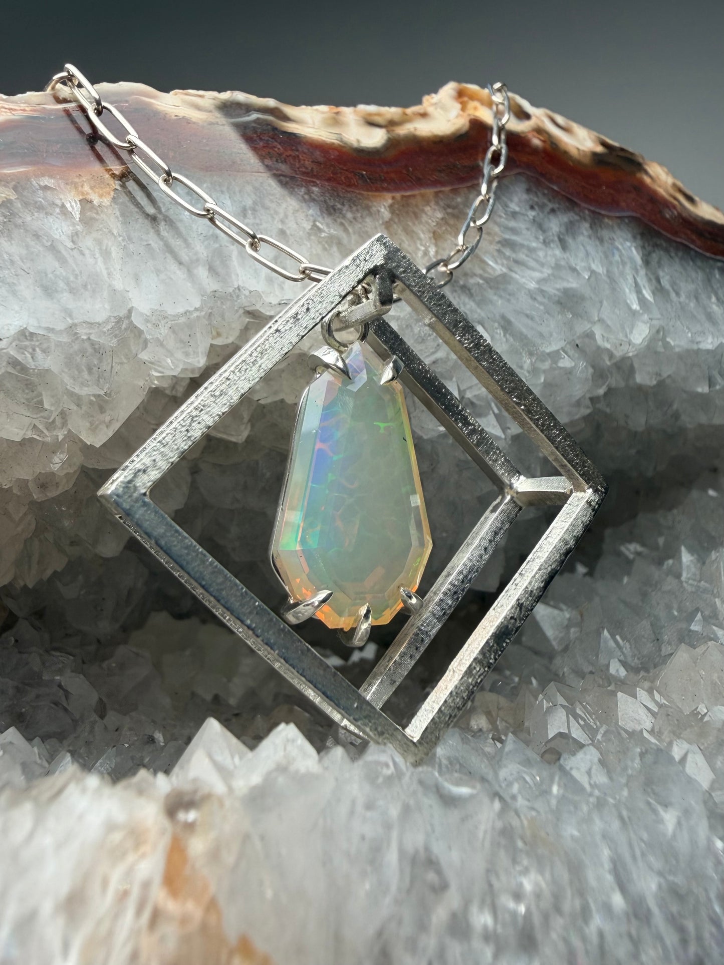 Ethiopian Opal Cube Pendant | Sterling Silver