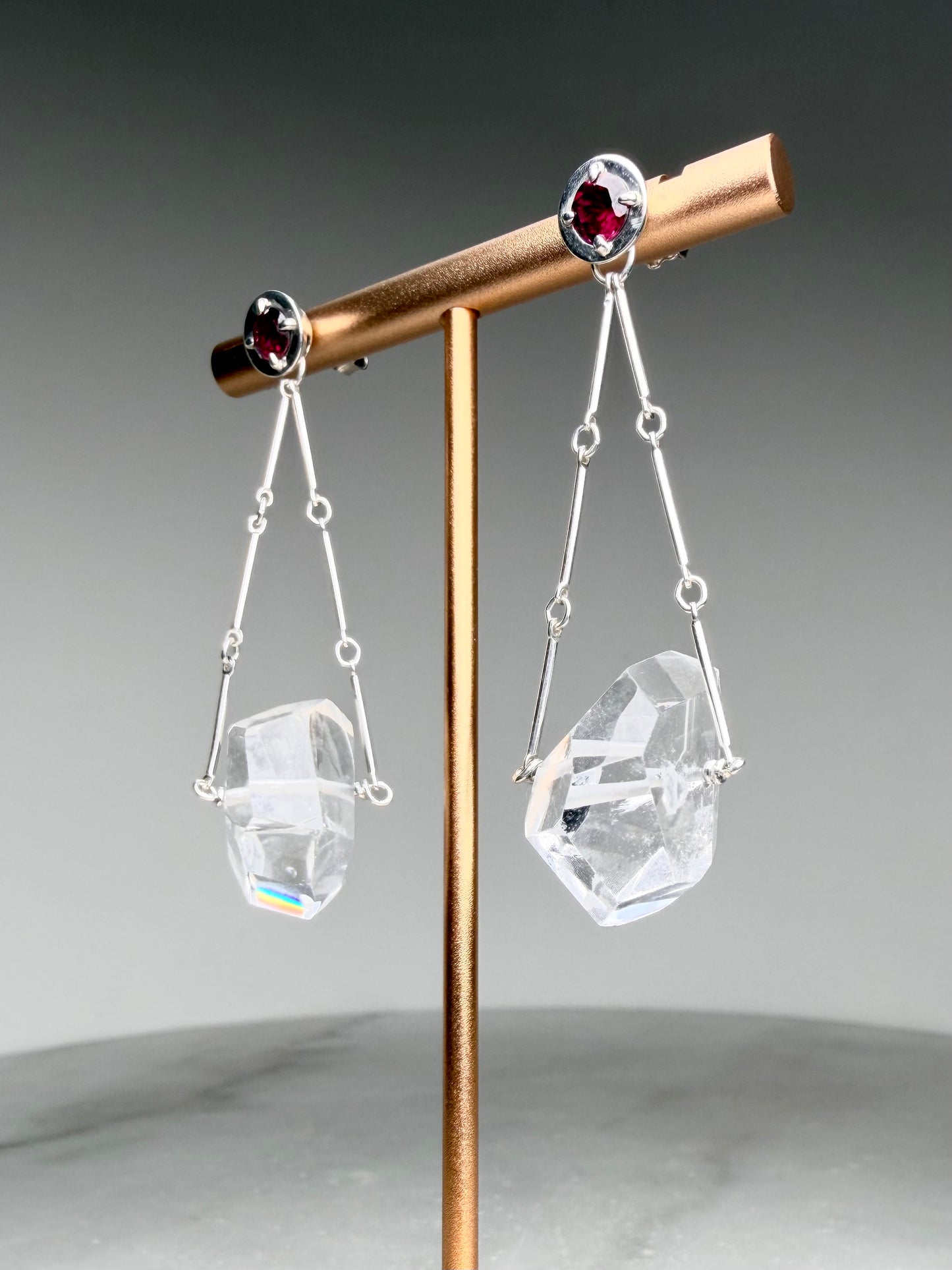 Geometric Quartz Earrings with Rhodolite Garnets | Sterling Silver