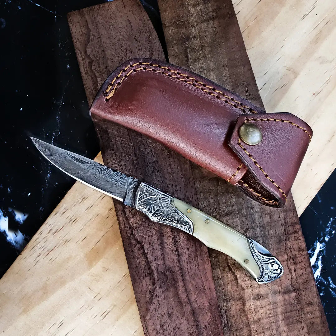 Damascus Steel and Camel Bone Utility Knife