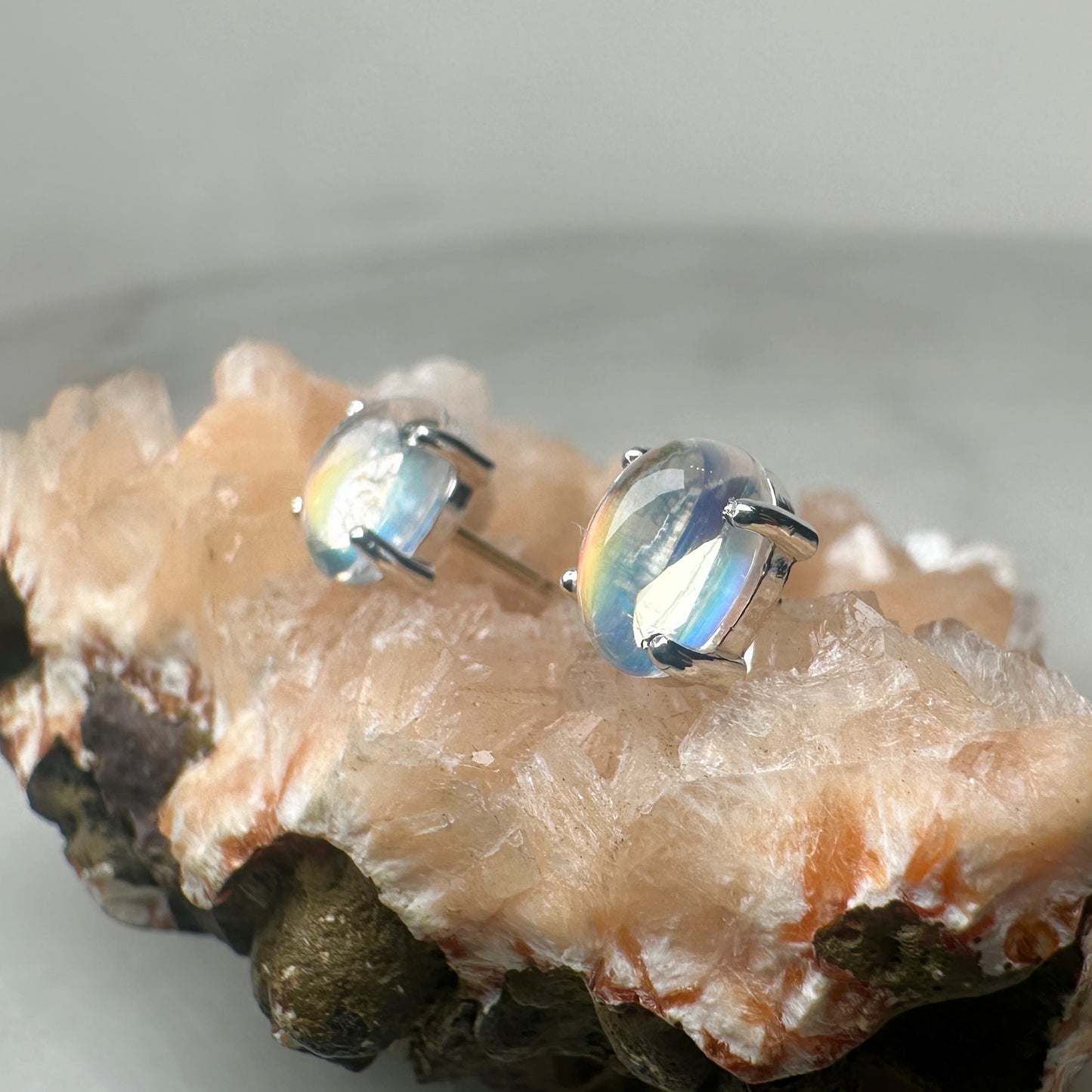 Rainbow Moonstone Oval Stud Earrings | Sterling Silver