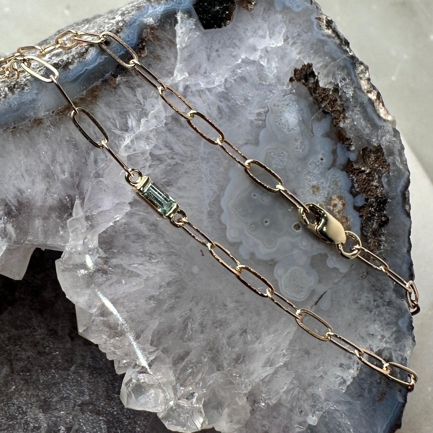 Seafoam Tourmaline Paperclip Bracelet | 14k Yellow Gold