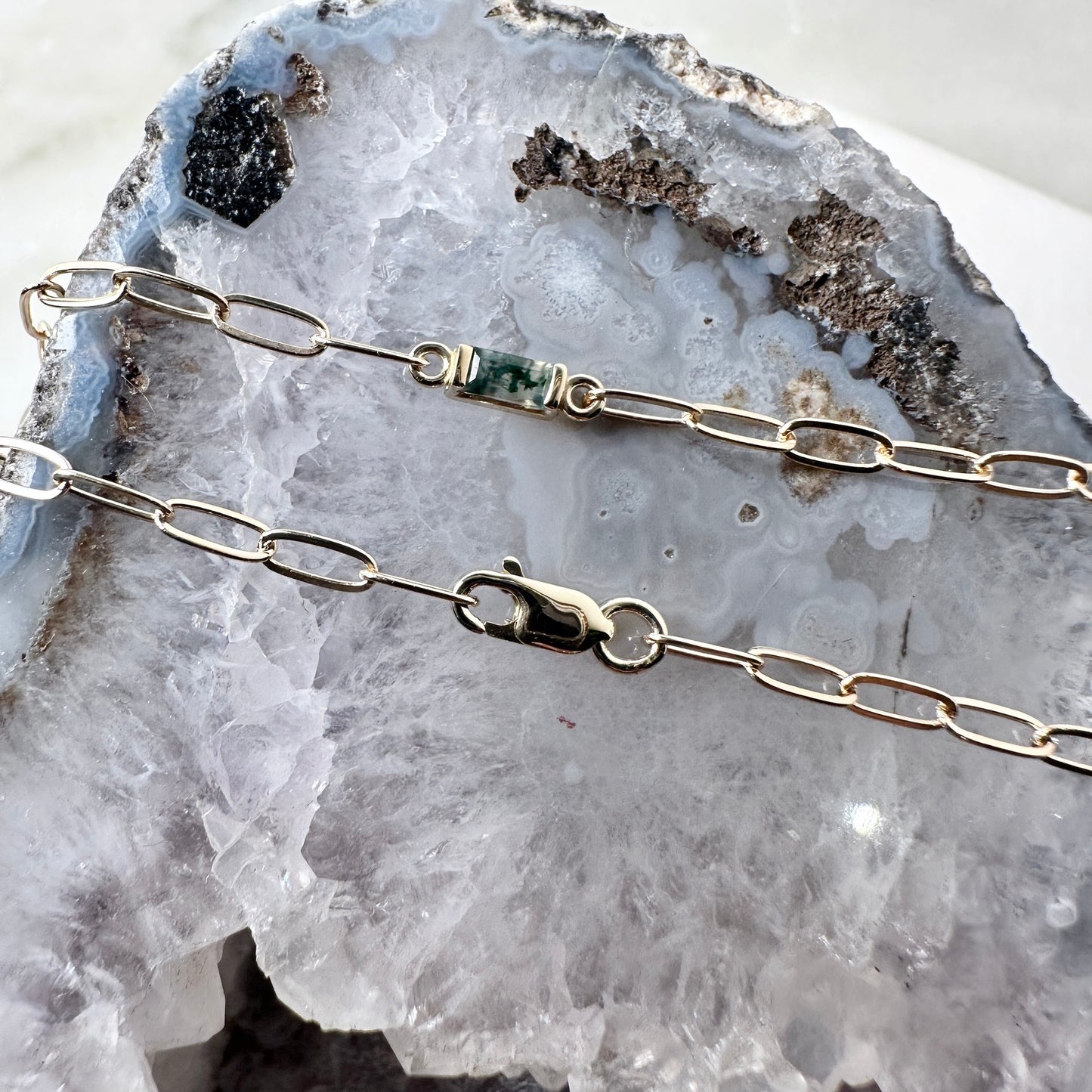 Moss Agate Paperclip Bracelet | 14k Yellow Gold