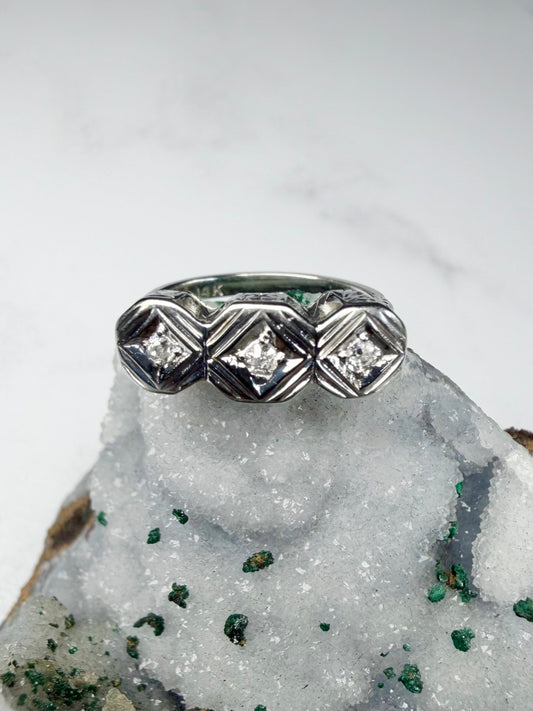 Three Stone Art Deco Ring  | 14k White Gold | LUX FORGE Legacy Collection