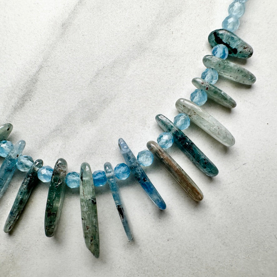 Aquamarine and Kyanite Beaded Necklace | Sterling Silver