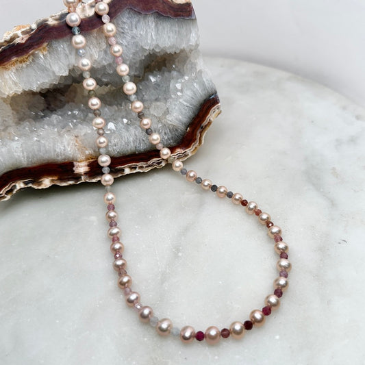 Pink Pearl & Multicolor Spinel Beaded Necklace | Sterling Silver