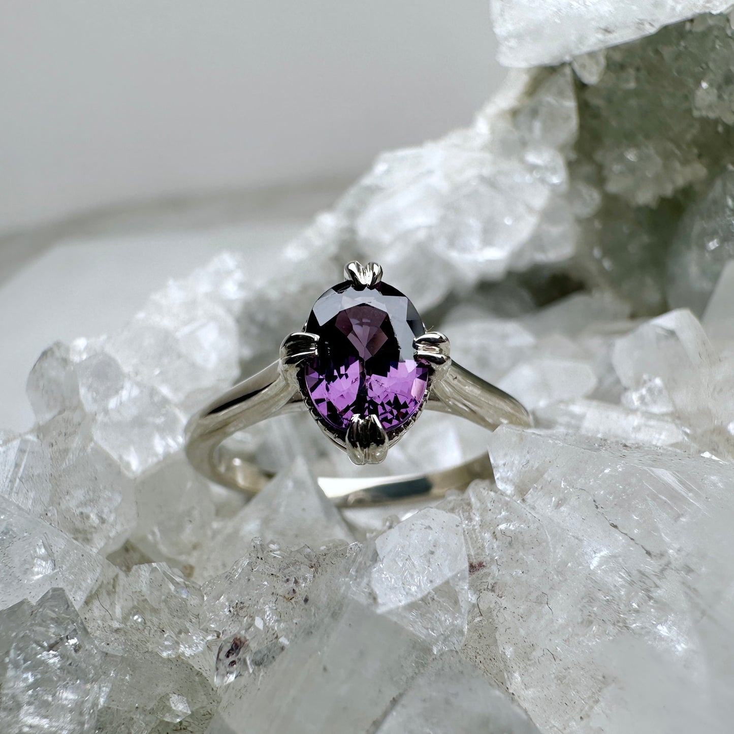 Antique-Inspired Purple Spinel Solitaire Ring | 14k White Gold