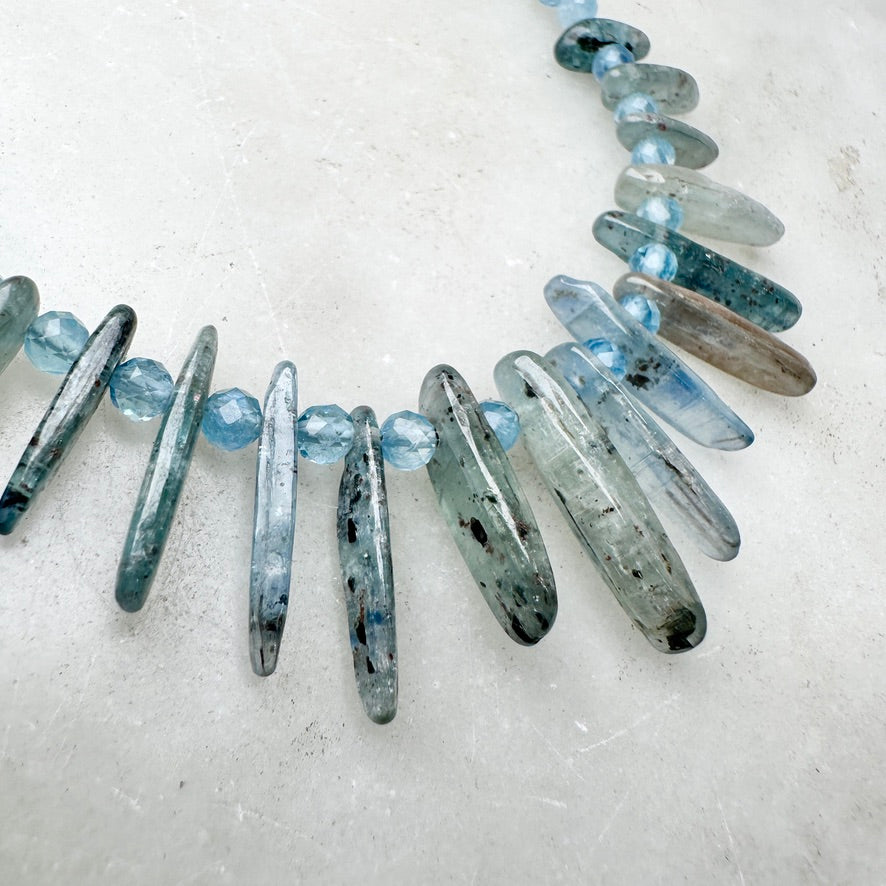 Aquamarine and Kyanite Beaded Necklace | Sterling Silver