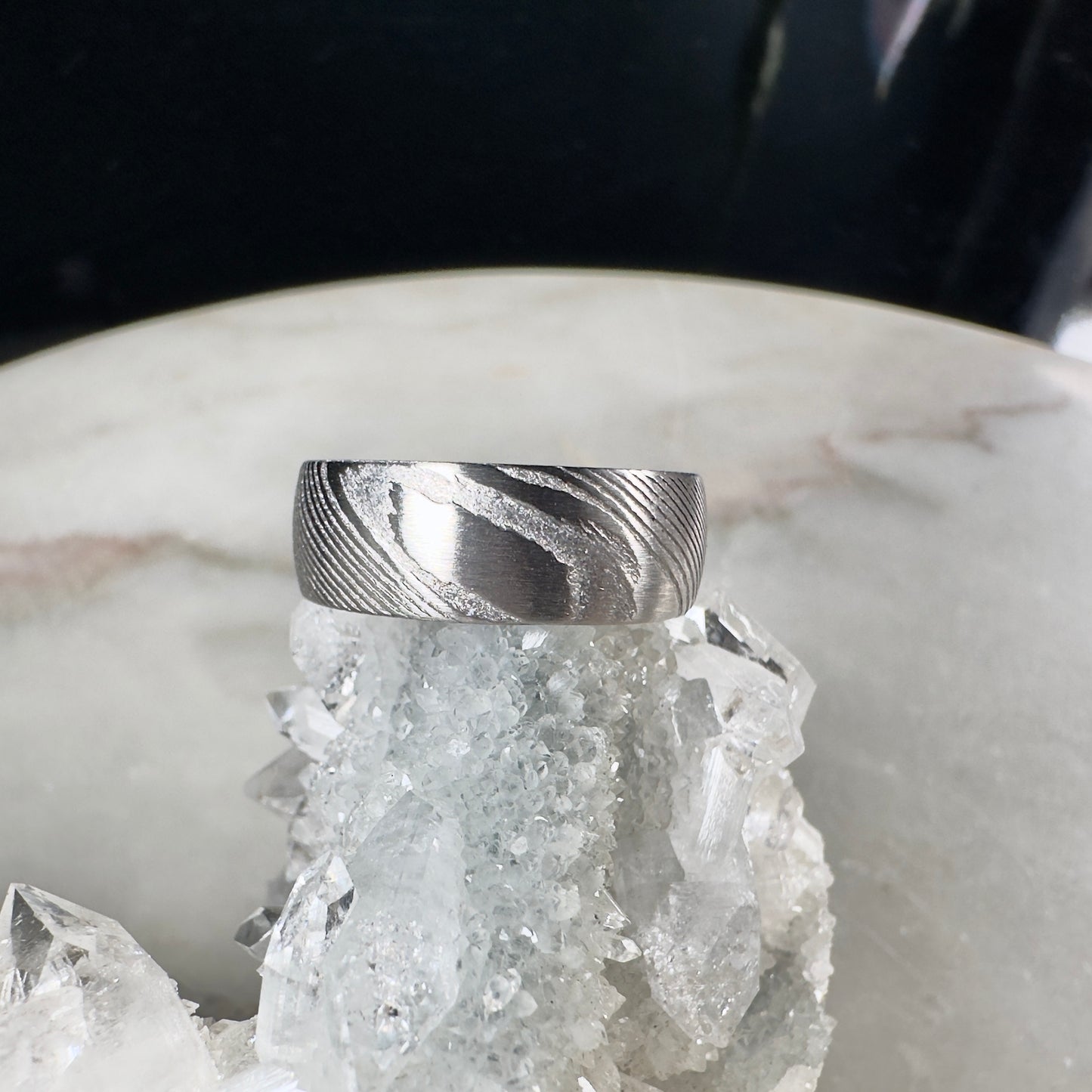 Grey Damascus Steel Ring with Half Round Profile