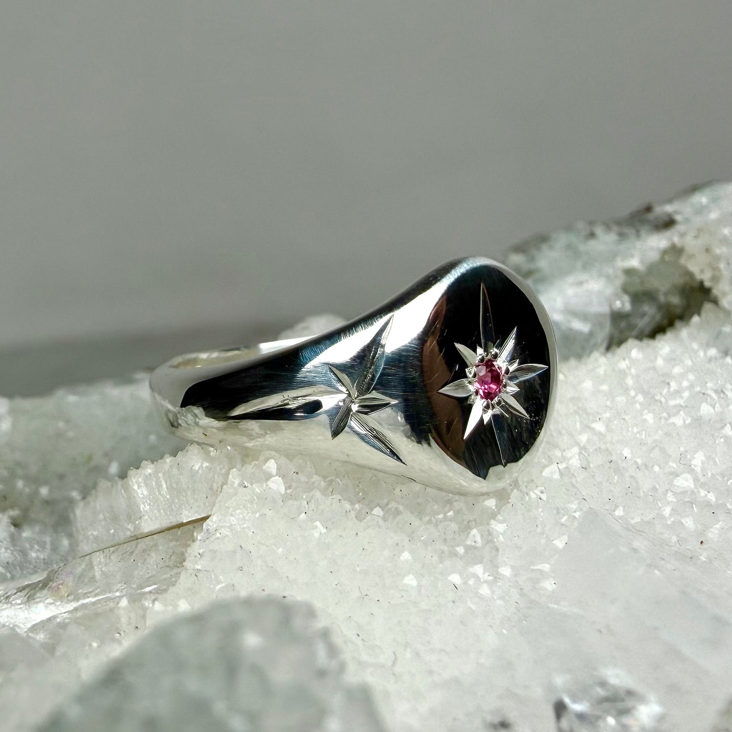 Pink Tourmaline Starburst Engraved Signet Ring | Sterling Silver