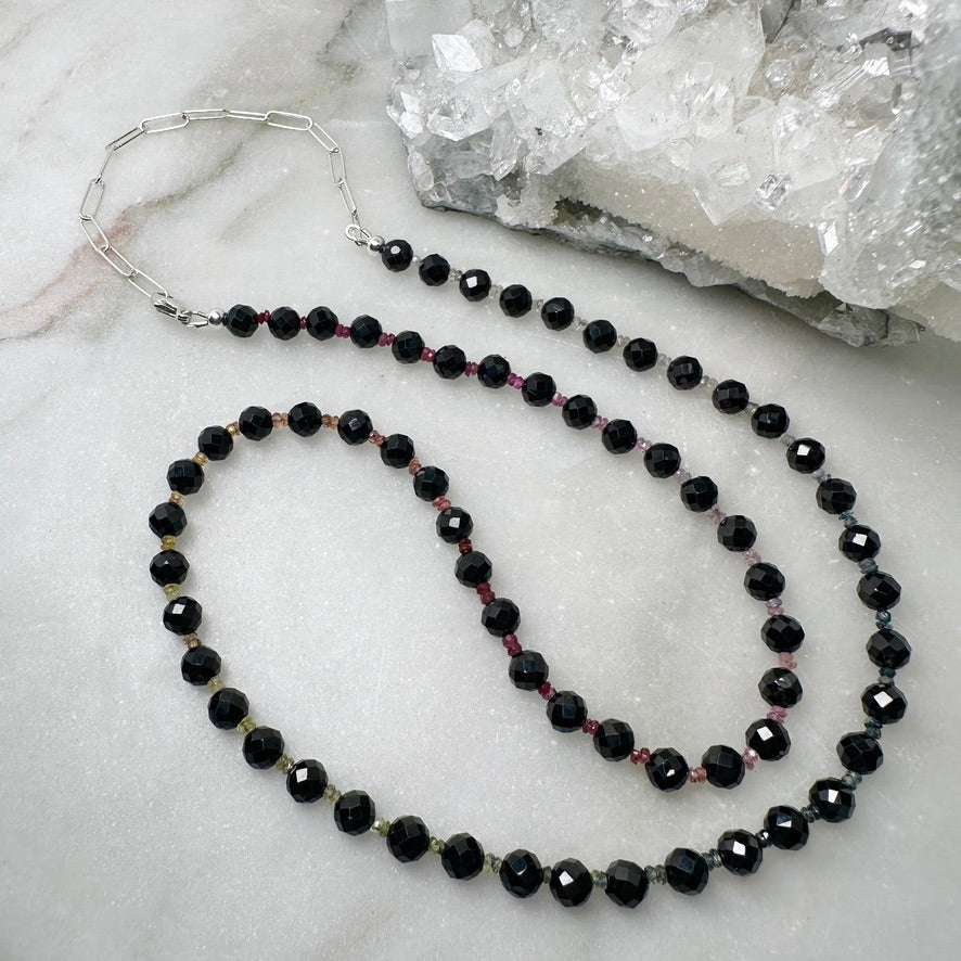 Faceted Black Spinel & Rainbow Sapphire Beaded Necklace | Sterling Silver