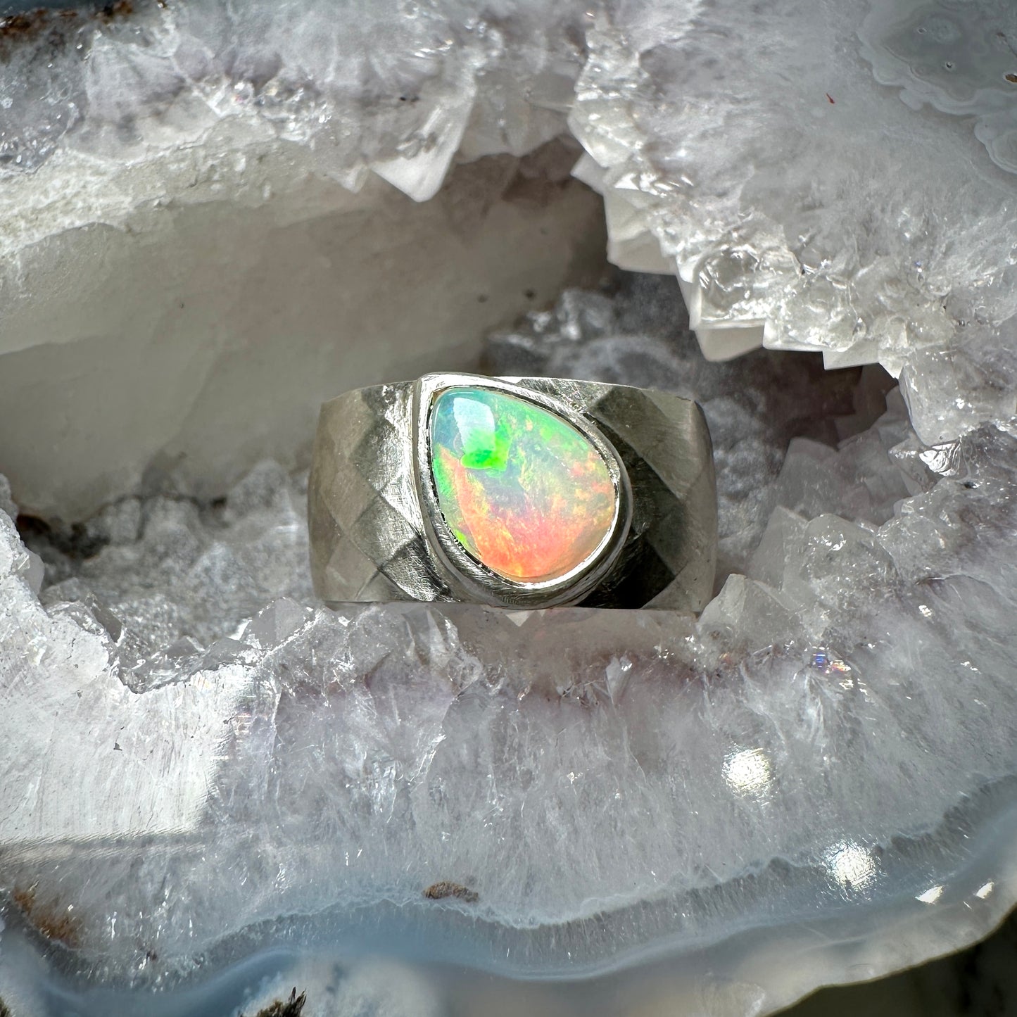 Faceted Cigar Band Ring with Ethiopian Opal