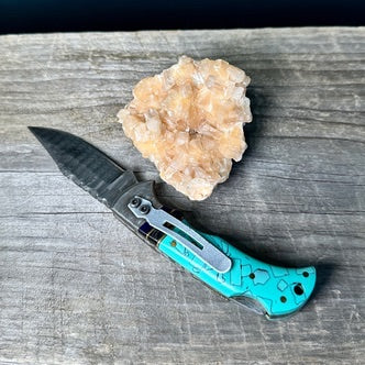Damascus Steel and Turquoise Resin with Wood Accents Utility Knife