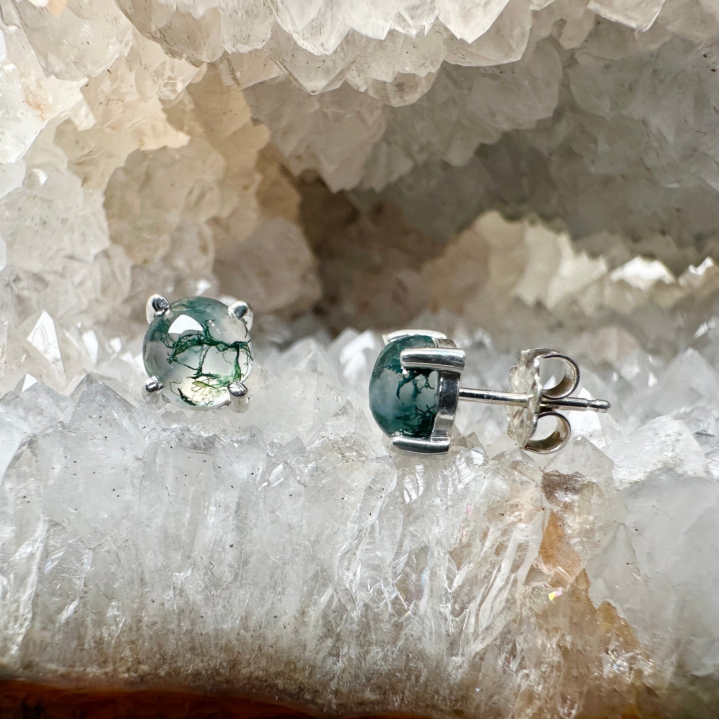 Moss Agate Stud Earrings | Sterling Silver