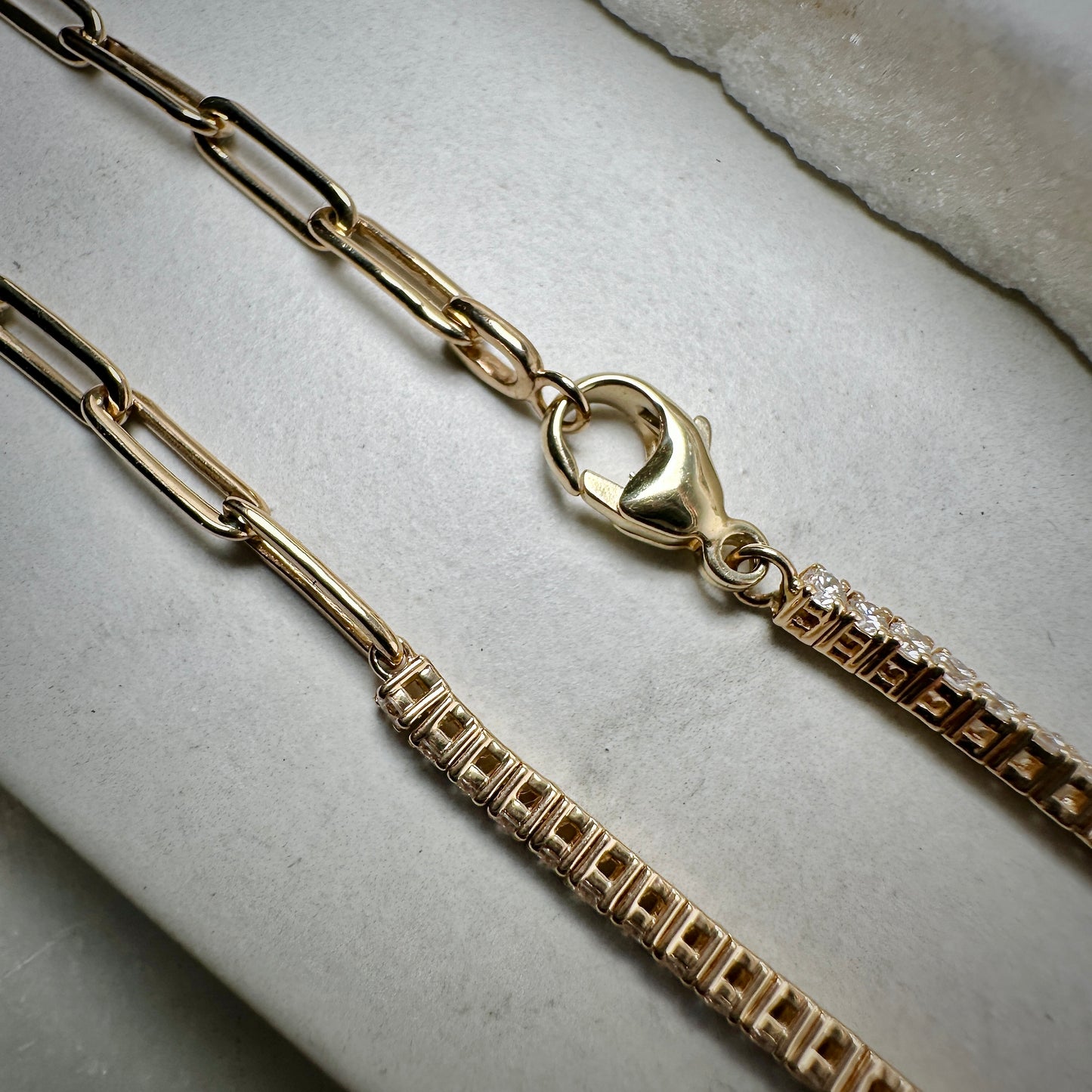 Half Tennis Half Paperclip Chain Bracelet | 14k Yellow Gold