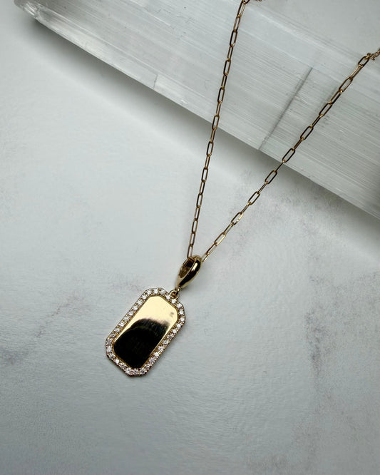 Rectangular Pendant with Diamond Border | 14k Yellow Gold