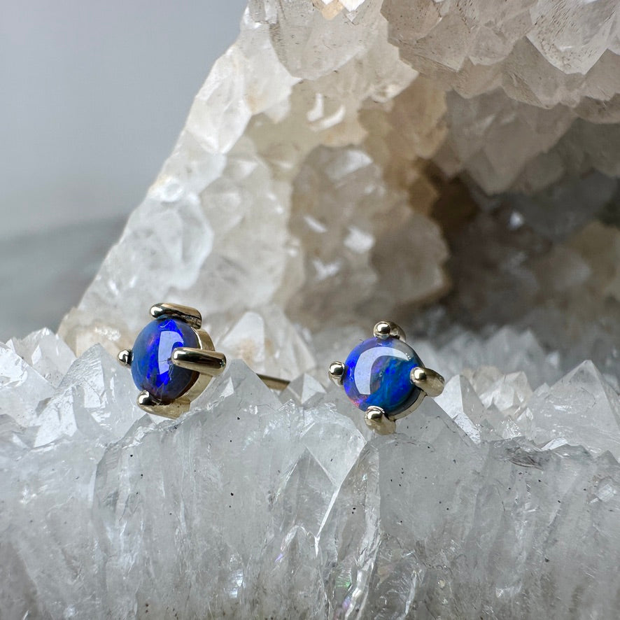 Black Opal Stud Earrings | 14k Yellow Gold