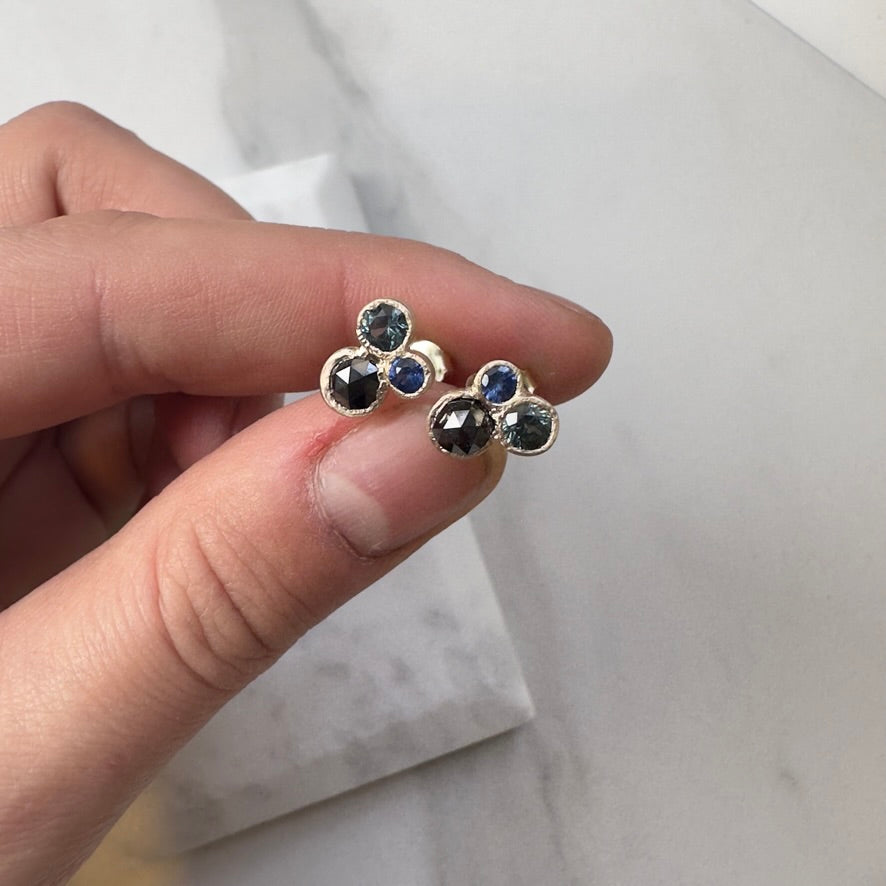 Organic Cluster Earrings with Black Diamond and Sapphires