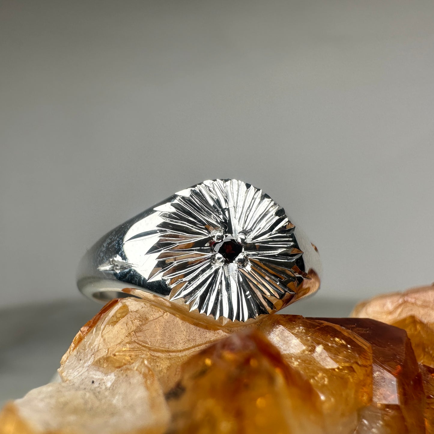 Garnet Sunburst Signet Ring | Sterling Silver