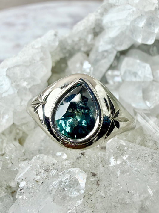 Celestial Teal Montana Sapphire Ring | 14k White Gold