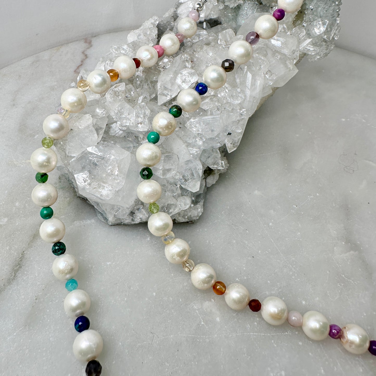 Rainbow Gemstone & White Pearl Necklace | Sterling Silver