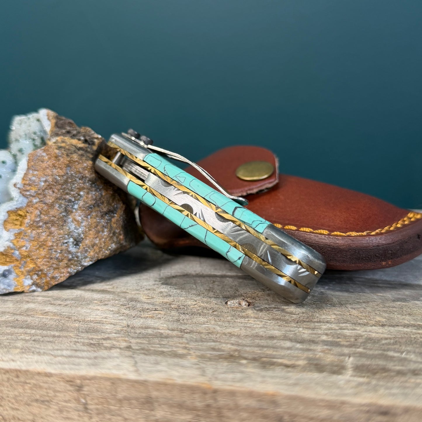 Engraved Damascus Steel Pocket Knife with Turquoise Resin Handle