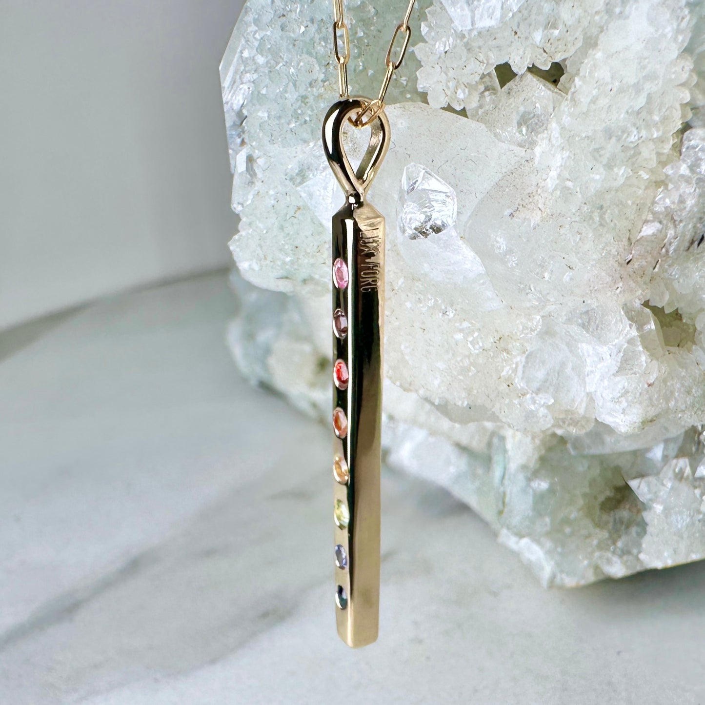 Rainbow Sapphire Bar Charm Pendant | 14k Yellow Gold