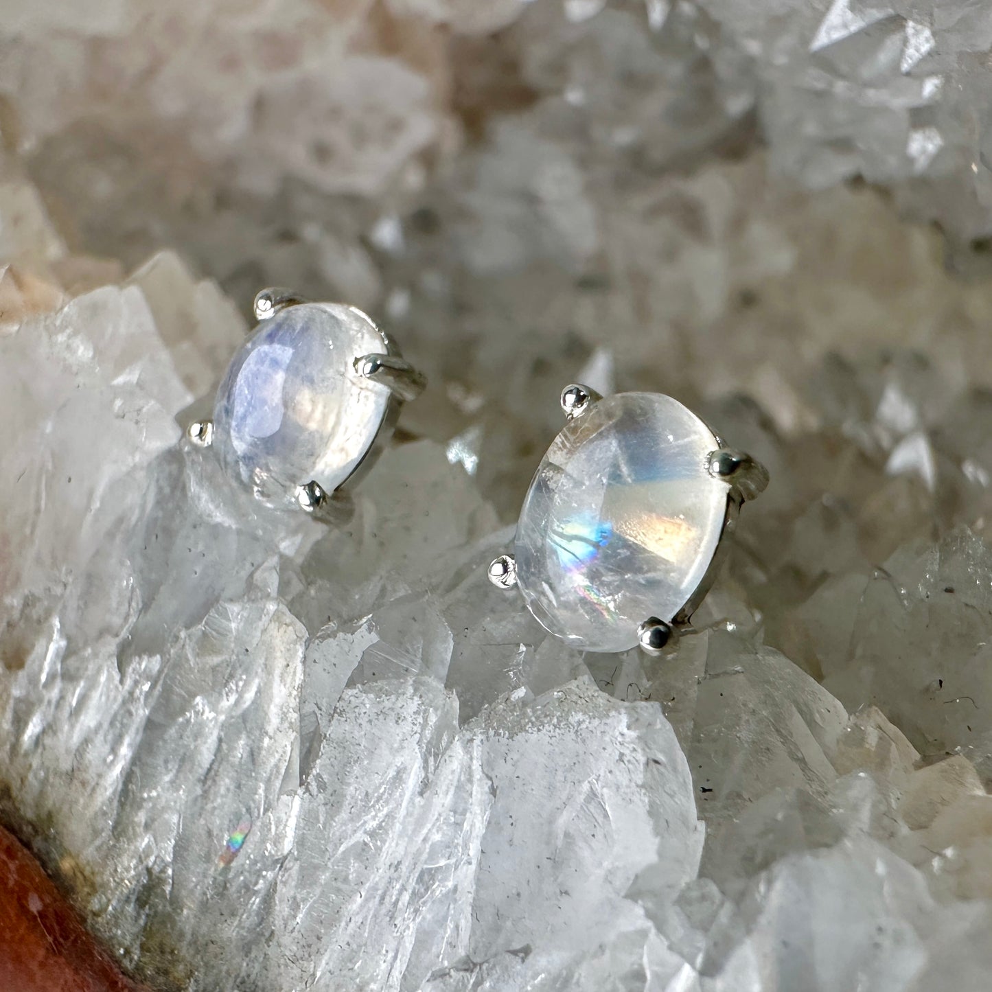 Blue Moonstone Oval Stud Earrings | Sterling Silver