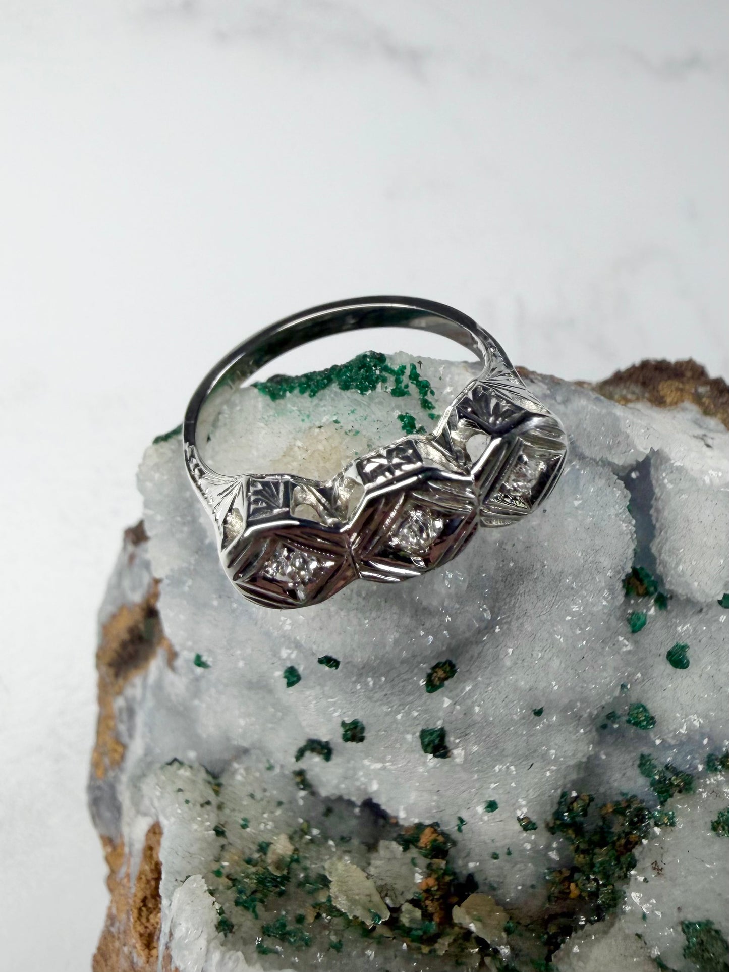 Three Stone Art Deco Ring  | 14k White Gold | LUX FORGE Legacy Collection