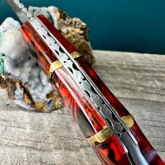 Damascus Steel Knife with Wood Patterned Red Resin Handle