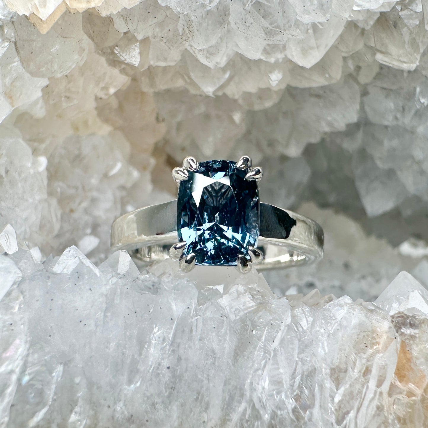 Blue Spinel Wide Band Solitaire Ring | 14k White Gold