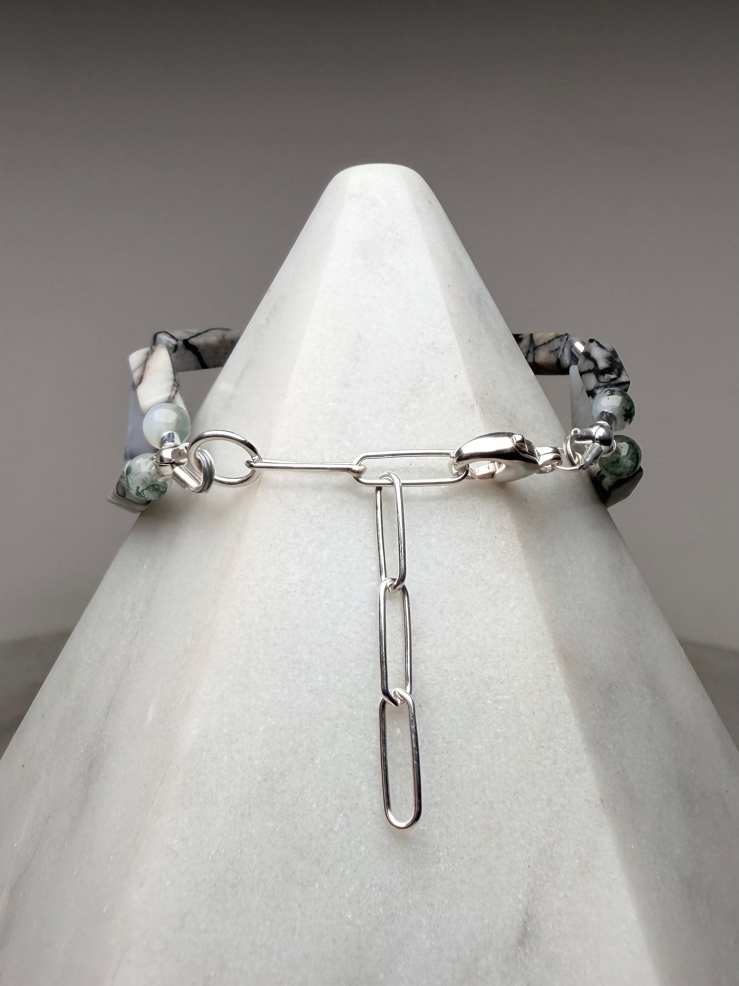 Moss Agate & Zebra Jasper Lattice Bracelet | Sterling Silver