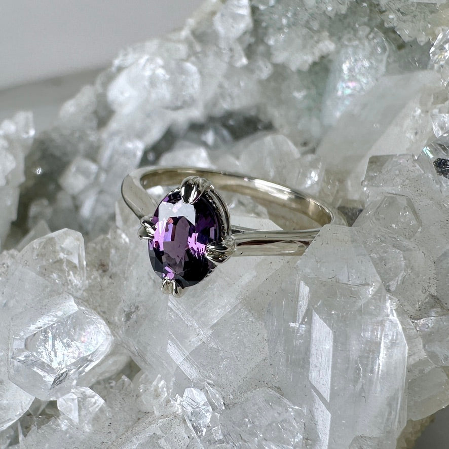 Antique-Inspired Purple Spinel Solitaire Ring | 14k White Gold