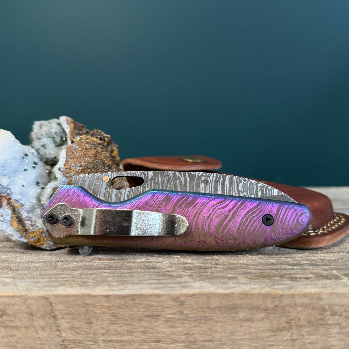 Full Damascus Steel Utility Knife with Anodized Rainbow Handle