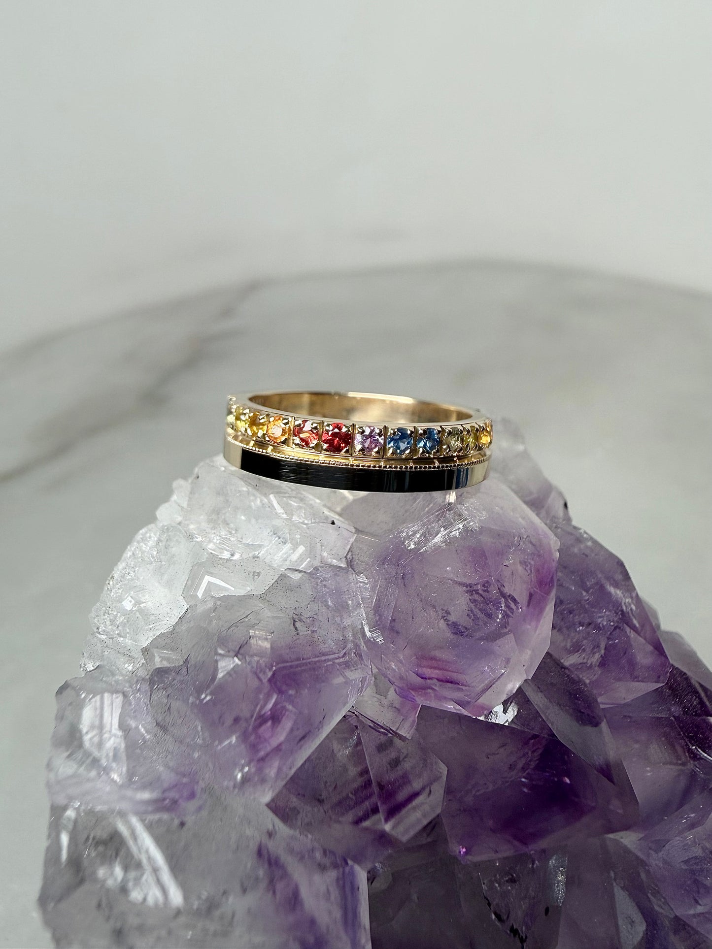 Rainbow Sapphire Flat Band Ring | 14k Yellow Gold