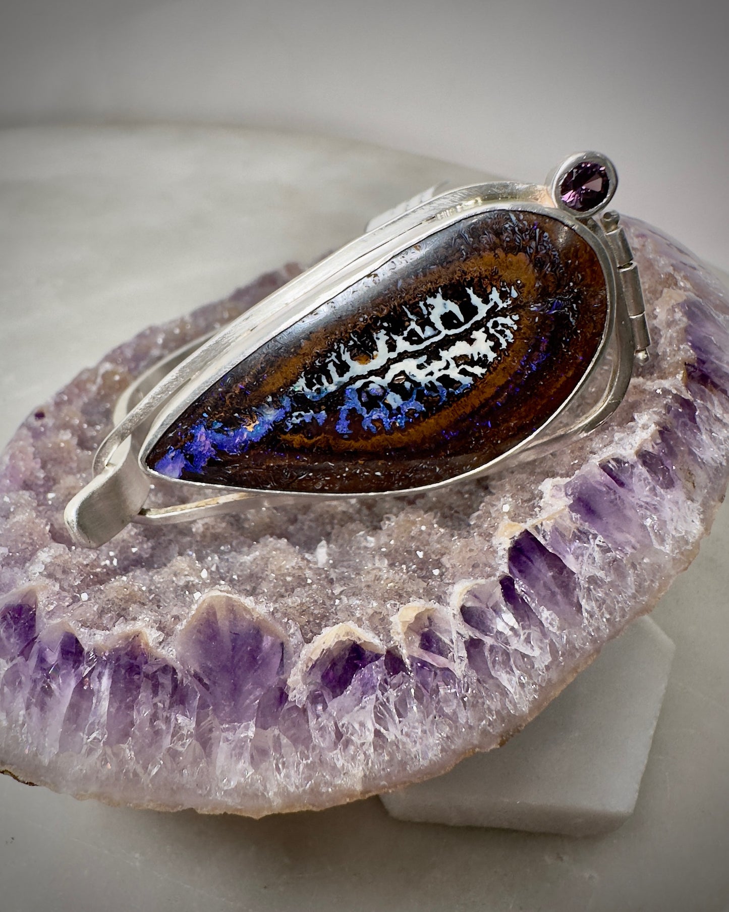 Boulder Opal and Purple Spinel Hinge Bracelet | Sterling Silver
