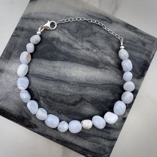 Blue Lace Agate Beaded Bracelet | Sterling Silver | Adjustable