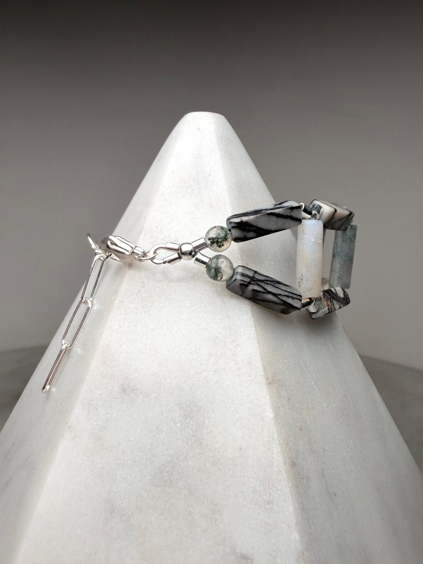 Moss Agate & Zebra Jasper Lattice Bracelet | Sterling Silver
