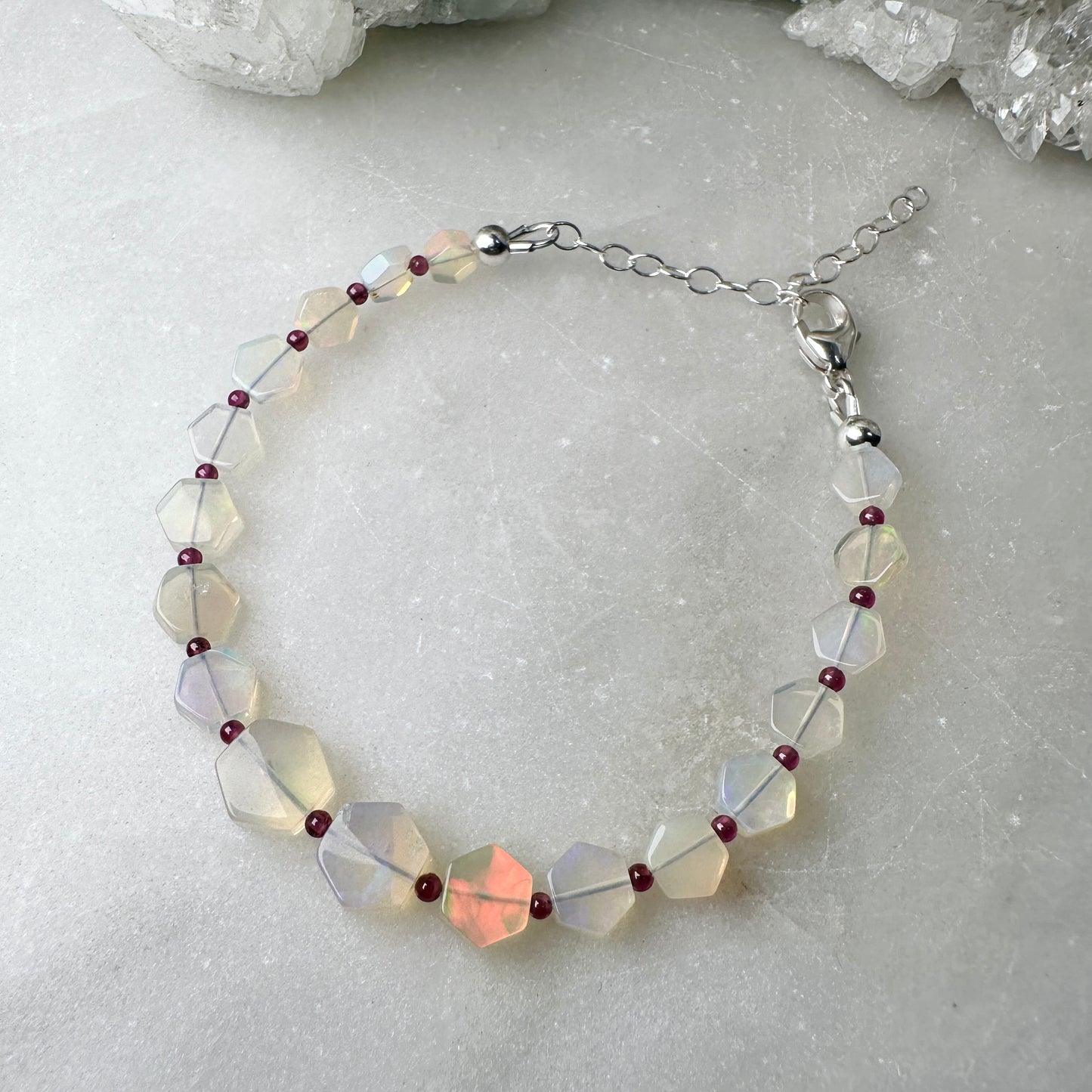 Hexagon Ethiopian Opal & Rhodolite Bracelet | Sterling Silver